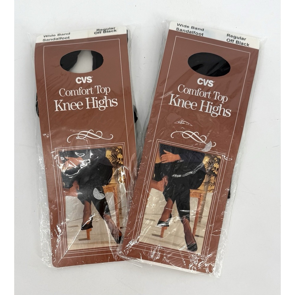2 Pack CVS Vintage Comfort Top Knee Highs Regular Off Black Wide Band 888735 NOS